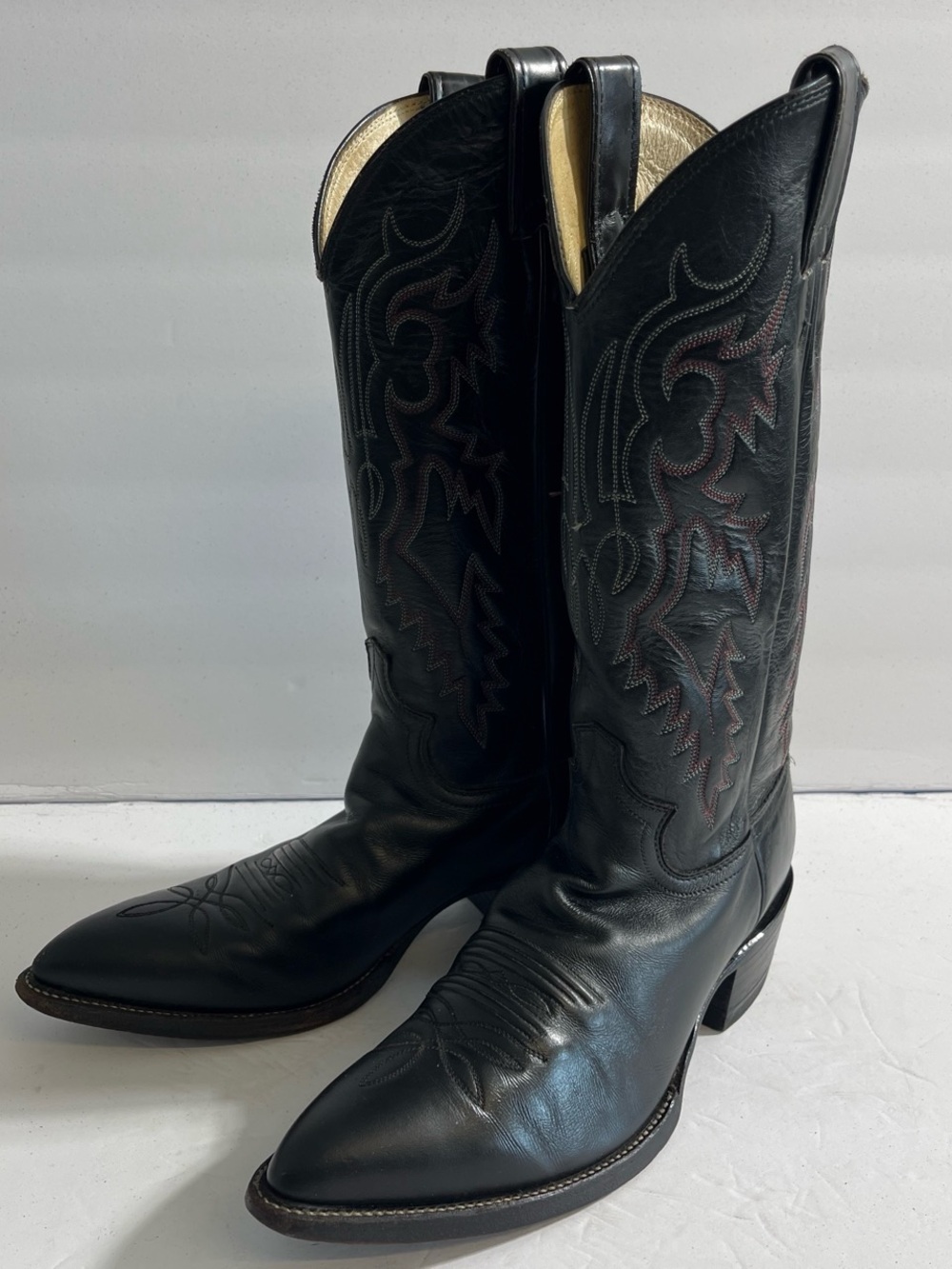 Justin Boots Black Leather Tall Western Boots with Maroon Stitching